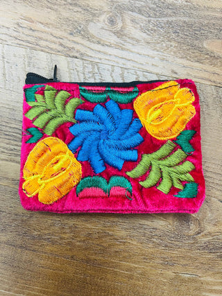 Mexican Floral Emboirdered Zippered Coin Purses: Multi-Colored