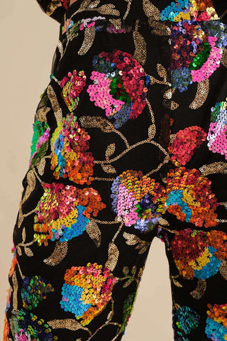 Sequin Flower Boots Cut Long Pants