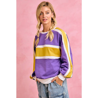 GAMEDAY WOMENS SPORTY COLORBLOCK PULLOVER SWEATSHIRT: PURPLE/GOLD