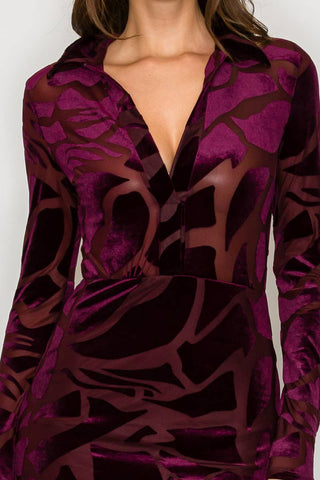 ICE  VELVET BURN OUT MIDI DRESS: Burgundy /