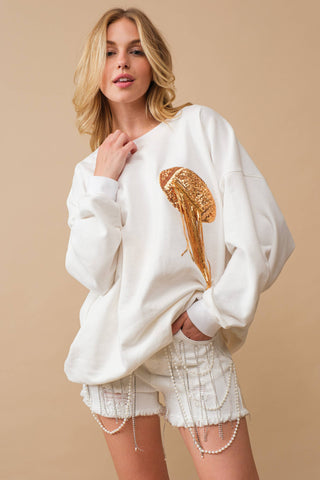 Fleece Terry Football Sequin Fringe Sweatshirt: WHITE GOLD