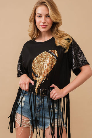 34255T - Football Sequin Fringe  Graphic Tee Top: BLACK