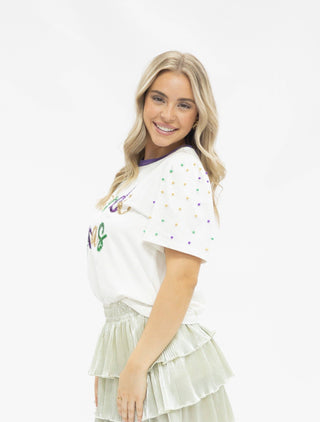 Sequin "Mardi Gras" on White Princess Top: White