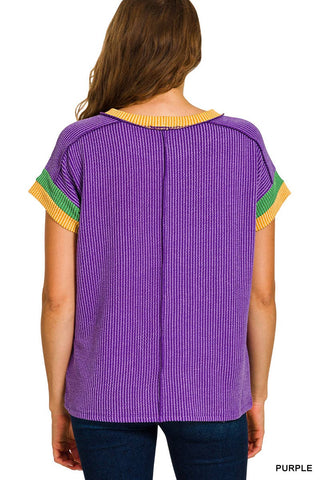 Mardi Gras Raised Rib Contrast Trim Top: PURPLE