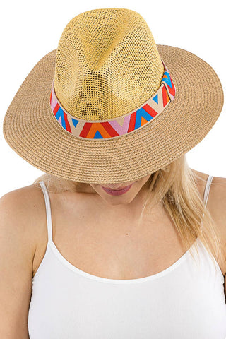 Chevron Band Two Tone Open Weave Straw Fedora Rancher Hat