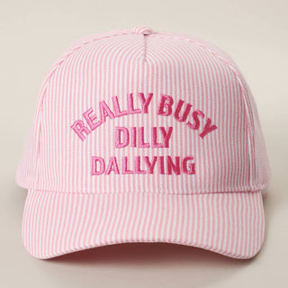 REALLY BUSY DILLY DALLYING Embroidered Seersucker Stripe Hat: PINK / ONE SIZE
