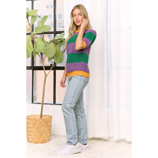 MARDI GRAS COLORFUL STRIPE SHORT SLEEVE PULLOVER SWEATER TOP