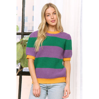 MARDI GRAS COLORFUL STRIPE SHORT SLEEVE PULLOVER SWEATER TOP