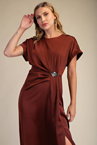 Gathered Metal Trim Short Sleeve Midi Dress: