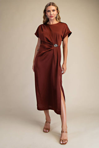 Gathered Metal Trim Short Sleeve Midi Dress: