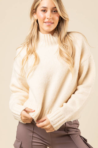 Mock Neck Cozy Sweater Top: CREAM