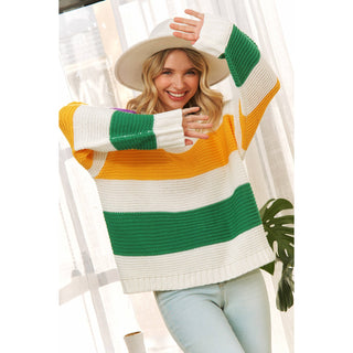 CLASSIC MARDI GRAS COLORFUL STRIPE RELAXED FIT PULLOVER TOP: Multi