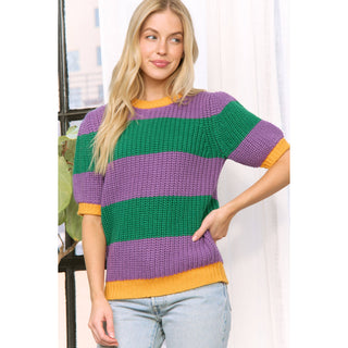 MARDI GRAS COLORFUL STRIPE SHORT SLEEVE PULLOVER SWEATER TOP