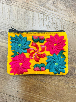 Mexican Floral Emboirdered Zippered Coin Purses: Multi-Colored