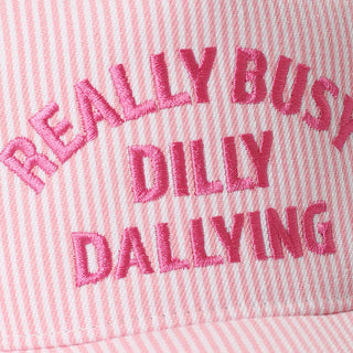 REALLY BUSY DILLY DALLYING Embroidered Seersucker Stripe Hat: PINK / ONE SIZE