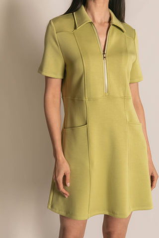 P. CILL Butter Modal Quarter Zip Short Sleeve Dress: Lemon Grass