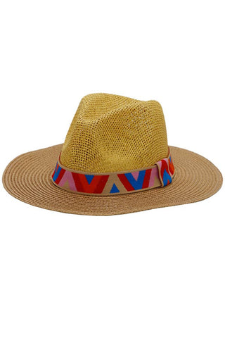Chevron Band Two Tone Open Weave Straw Fedora Rancher Hat