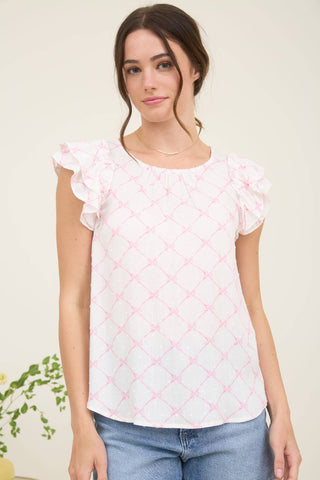 CAROLINE BOW  DOT PATTERN RUFFLE SLEEVE BLOUSE