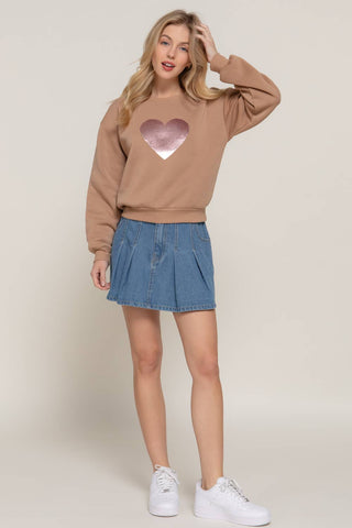 Long Sleeve Crew Neck Sequin Detail Inner Fleece Sweatshirt: BRG-dark wine