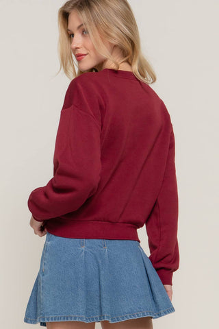 Long Sleeve Crew Neck Sequin Detail Inner Fleece Sweatshirt: BRG-dark wine