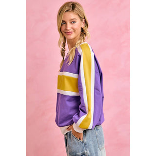 GAMEDAY WOMENS SPORTY COLORBLOCK PULLOVER SWEATSHIRT: PURPLE/GOLD