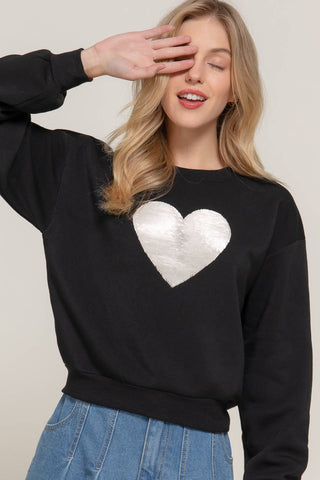Long Sleeve Crew Neck Sequin Detail Inner Fleece Sweatshirt: BRG-dark wine