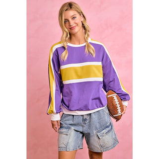 GAMEDAY WOMENS SPORTY COLORBLOCK PULLOVER SWEATSHIRT: PURPLE/GOLD