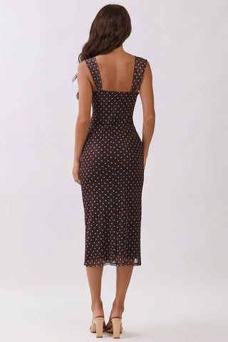 SWEETHEART BUSTIER PRINT MIDI DRESS: BURNT COCOA/ALMOND POLKA DOT