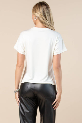 Carmella-Solid Foil  V Neck Short Sleeves Top: Off-White