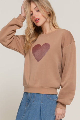 Long Sleeve Crew Neck Sequin Detail Inner Fleece Sweatshirt: BRG-dark wine