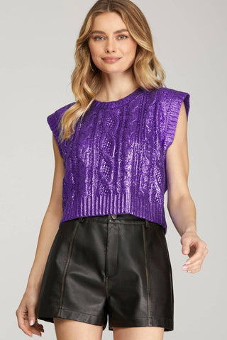 Metallic purple Cable Knit Cropped Sweater: PURPLE