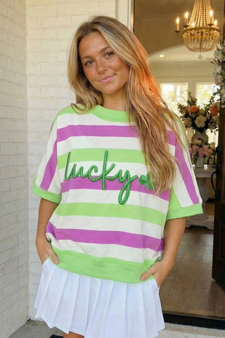 St Patricks Stripe Lucky Clover Embroidered Graphic Tee