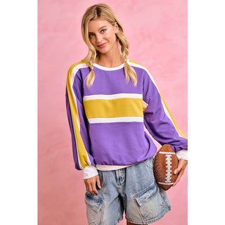 GAMEDAY WOMENS SPORTY COLORBLOCK PULLOVER SWEATSHIRT: PURPLE/GOLD