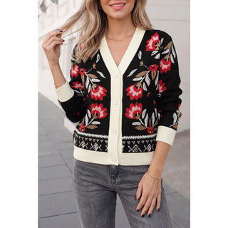 Floral Print Button V Neck Cardigan