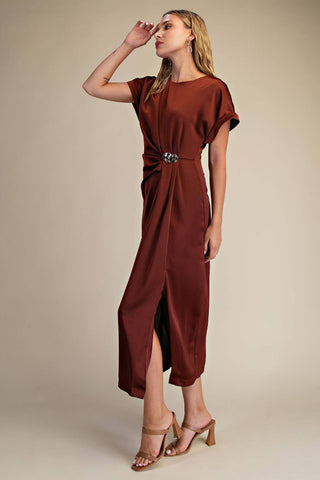 Gathered Metal Trim Short Sleeve Midi Dress: