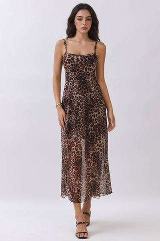 - PRINTED MESH MAXI LINED TANK FIT AND FLARE DRESS: BROWN