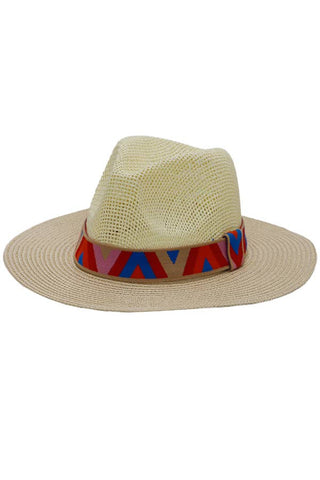 Chevron Band Two Tone Open Weave Straw Fedora Rancher Hat