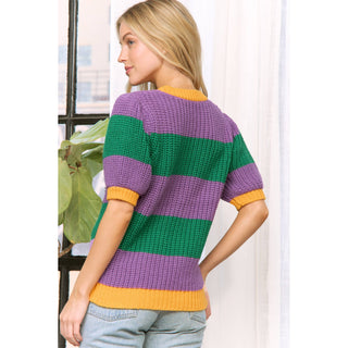 MARDI GRAS COLORFUL STRIPE SHORT SLEEVE PULLOVER SWEATER TOP