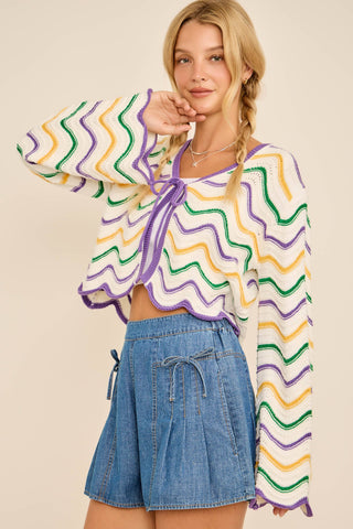Wavy cardigan Mardi Gras Wave Stripe Tie Cardigan – Festive Knit: PURPLE/GREEN/GOLD