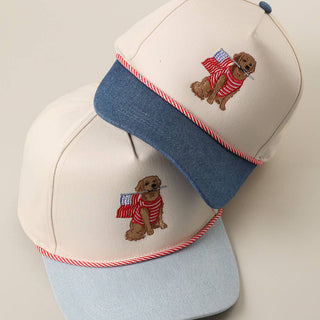 Golden Retriever Holding USA Flag Denim Brim Trucker Hat: LT DENIM / ONE SIZE