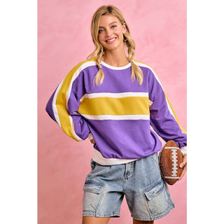 GAMEDAY WOMENS SPORTY COLORBLOCK PULLOVER SWEATSHIRT: PURPLE/GOLD