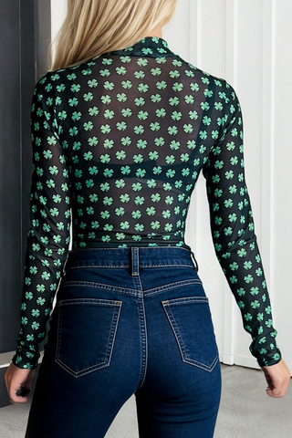 LAS St Patrick Shamrock Printed Mesh Bodysuit