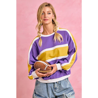 GAMEDAY WOMENS SPORTY COLORBLOCK PULLOVER SWEATSHIRT: PURPLE/GOLD