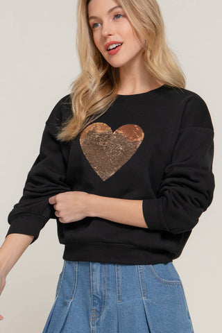 Long Sleeve Crew Neck Sequin Detail Inner Fleece Sweatshirt: BRG-dark wine