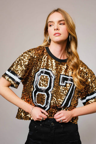 Sequin Game Day Crop Varsity Top: GOLD