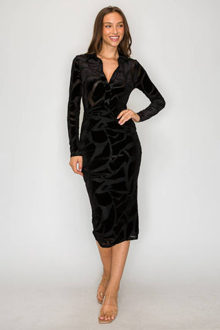 ICE  VELVET BURN OUT MIDI DRESS: Burgundy