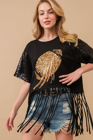 34255T - Football Sequin Fringe  Graphic Tee Top: BLACK