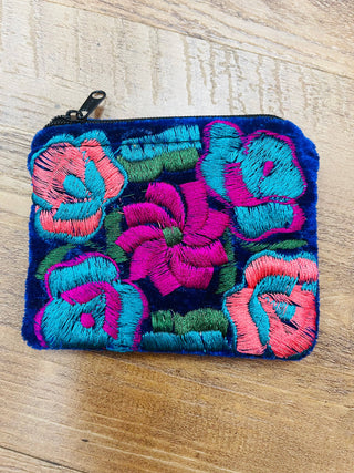 Mexican Floral Emboirdered Zippered Coin Purses: Multi-Colored
