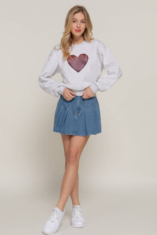 Long Sleeve Crew Neck Sequin Detail Inner Fleece Sweatshirt: BRG-dark wine