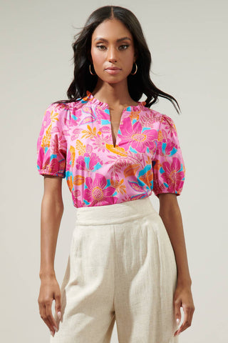Coconut Grove Kenni Split Neck Top: PINK-ORANGE-BLUE /